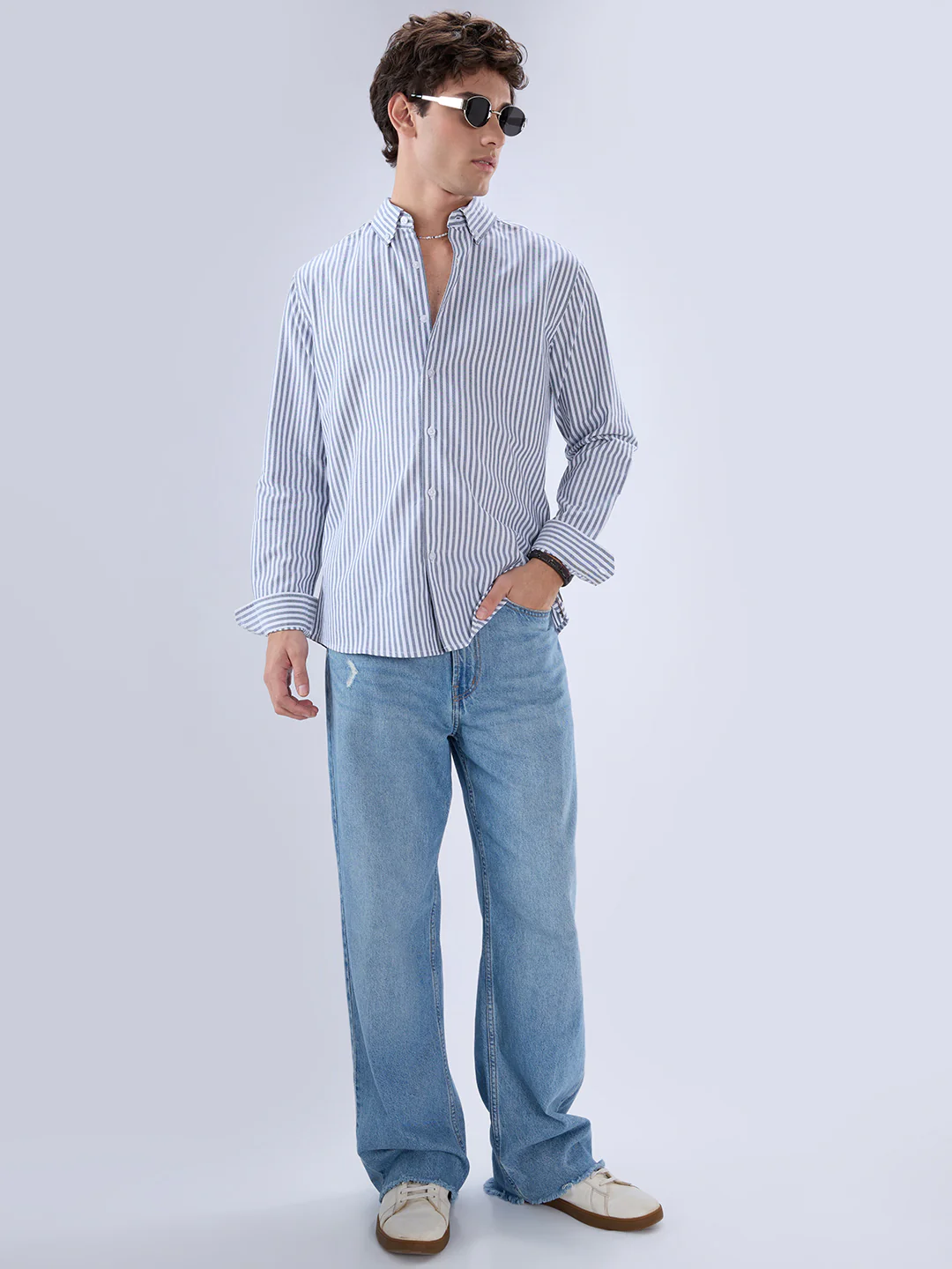 Navy Oxford Vertical Striped Button Down Collar Shirt - Image 8