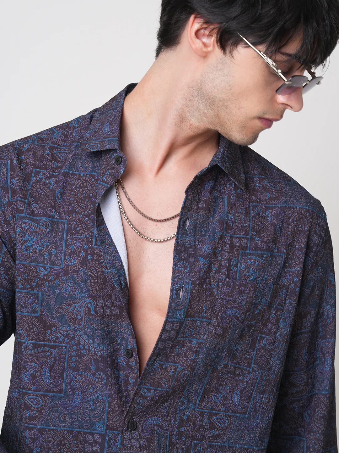 Navy Paisley Printed Creased Shirt - Image 2