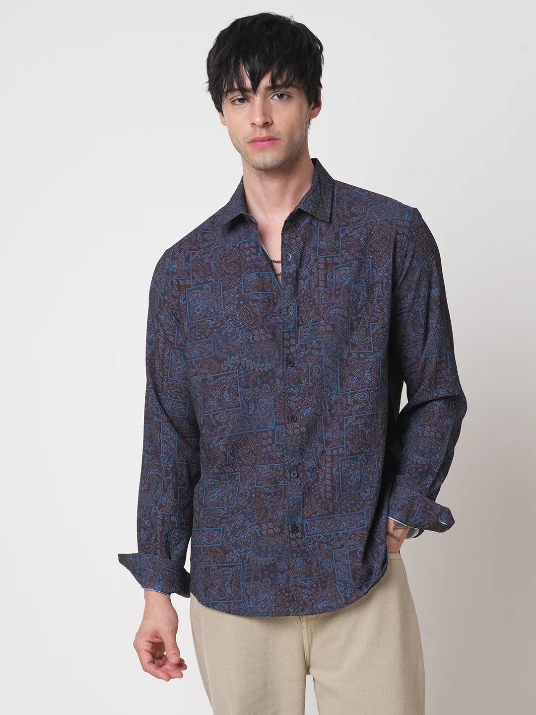 Navy Paisley Printed Creased Shirt - Image 4