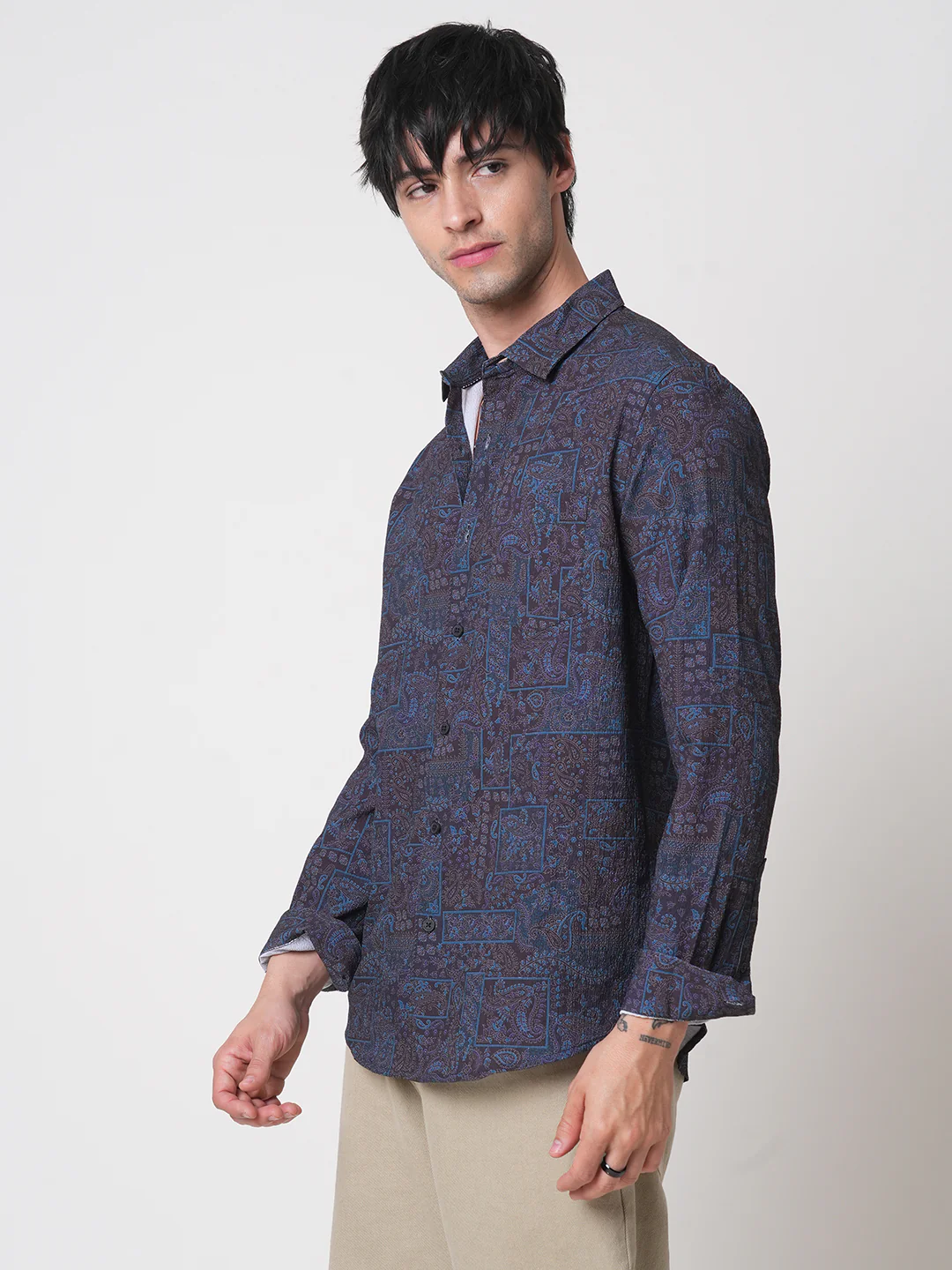 Navy Paisley Printed Creased Shirt - Image 6