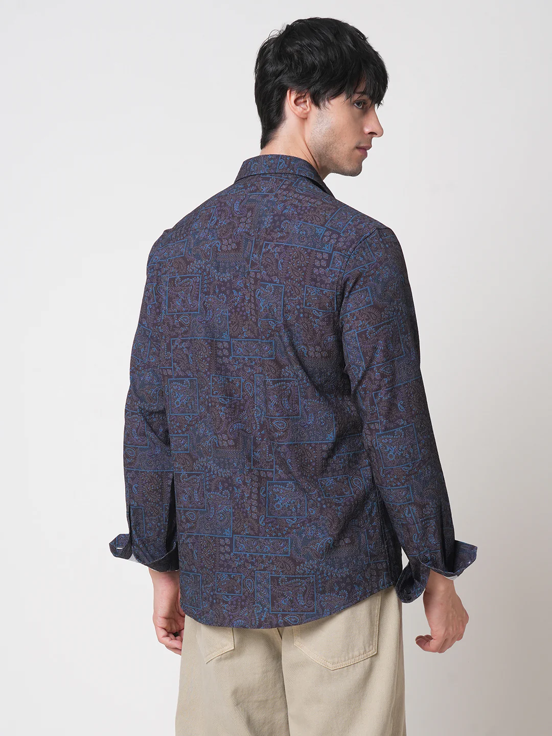 Navy Paisley Printed Creased Shirt - Image 7