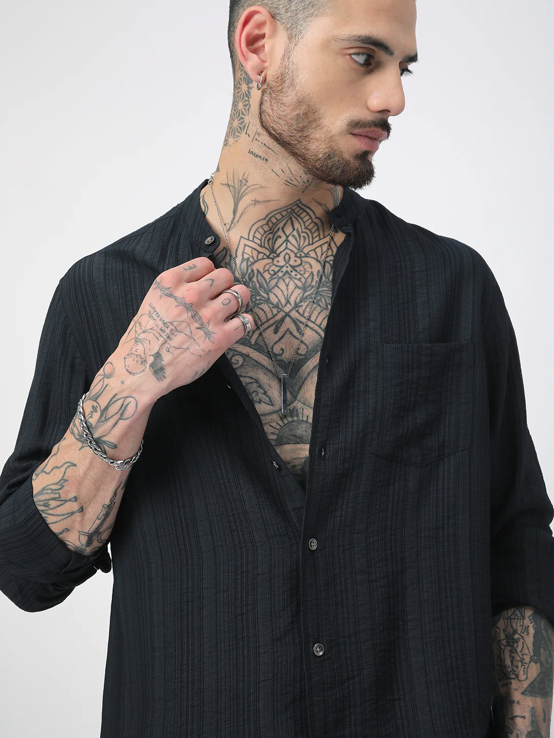 Navy Pencil Stripes Mandarin Shirt - Image 2