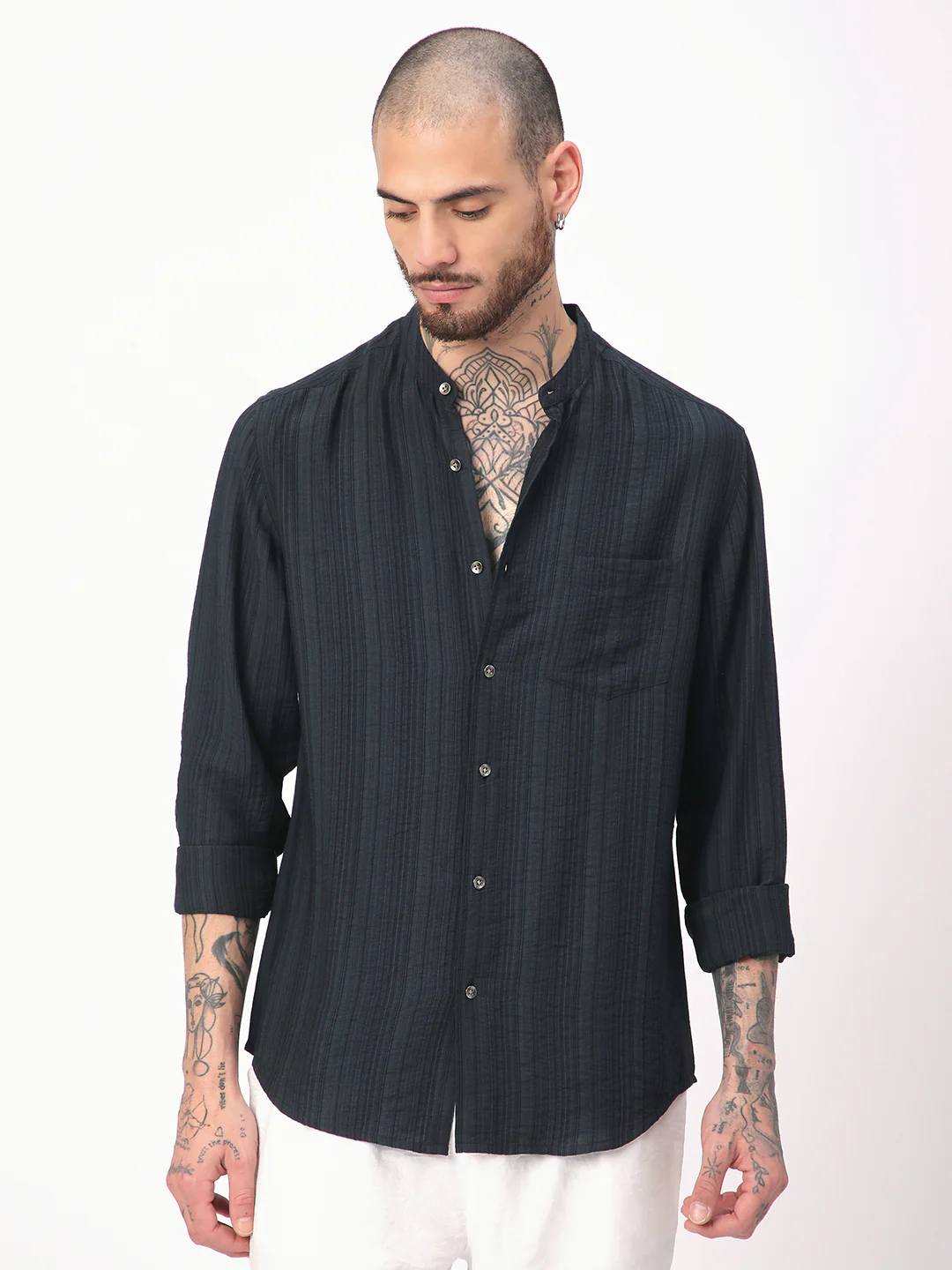 Navy Pencil Stripes Mandarin Shirt - Image 4