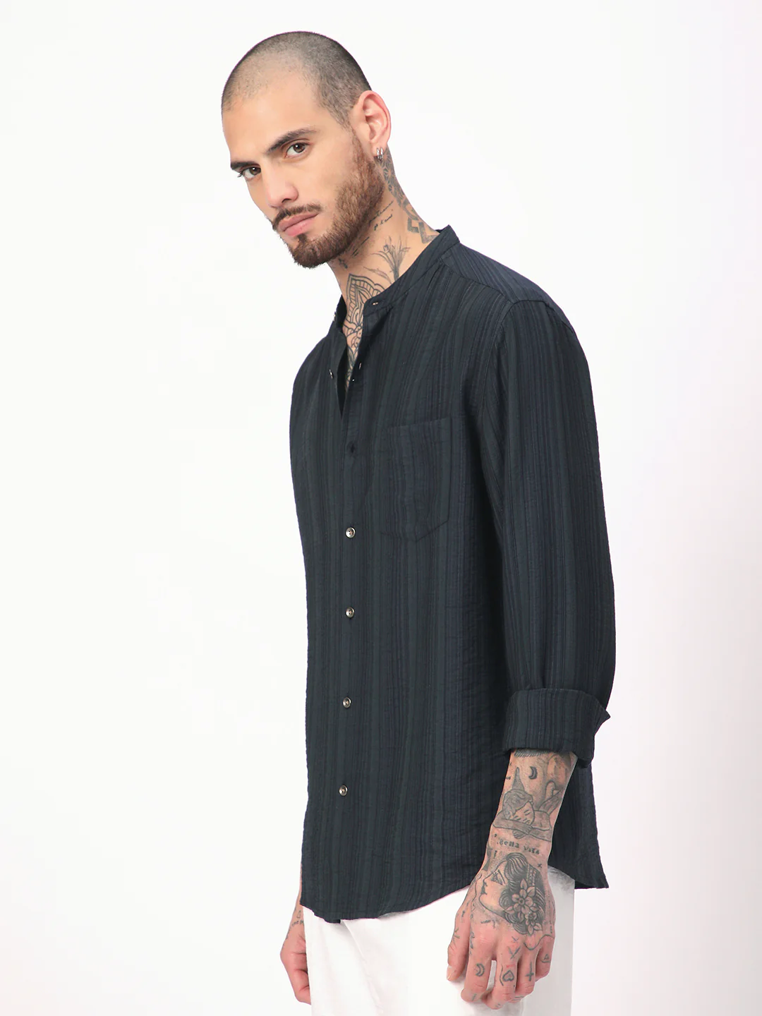 Navy Pencil Stripes Mandarin Shirt - Image 5