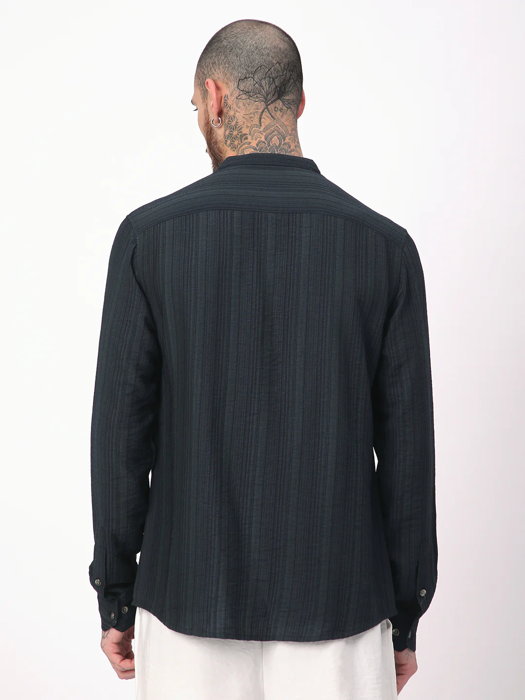 Navy Pencil Stripes Mandarin Shirt - Image 6