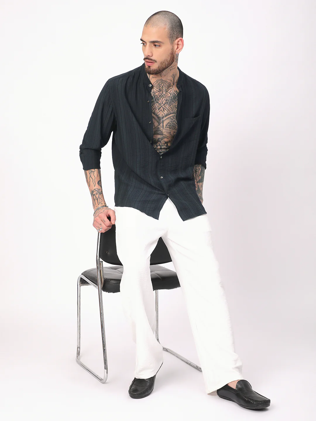 Navy Pencil Stripes Mandarin Shirt - Image 7