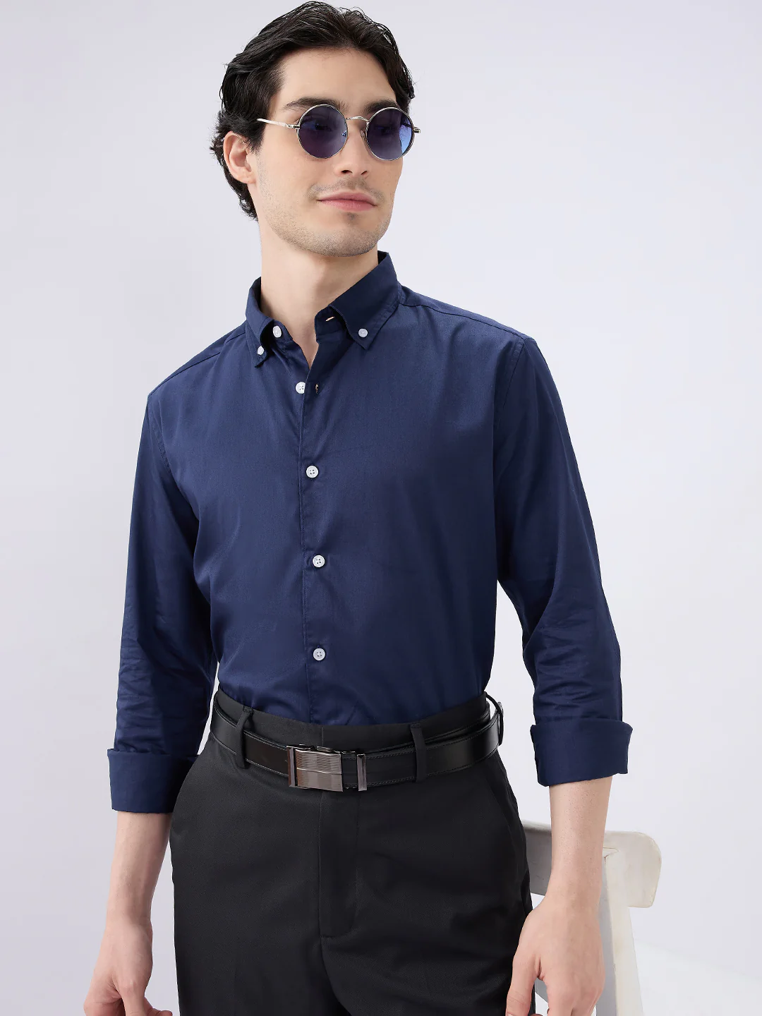 Navy Satin Luxe Button-Down Collar Shirt