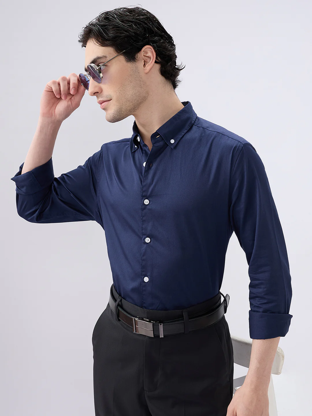 Navy Satin Luxe Button-Down Collar Shirt - Image 2