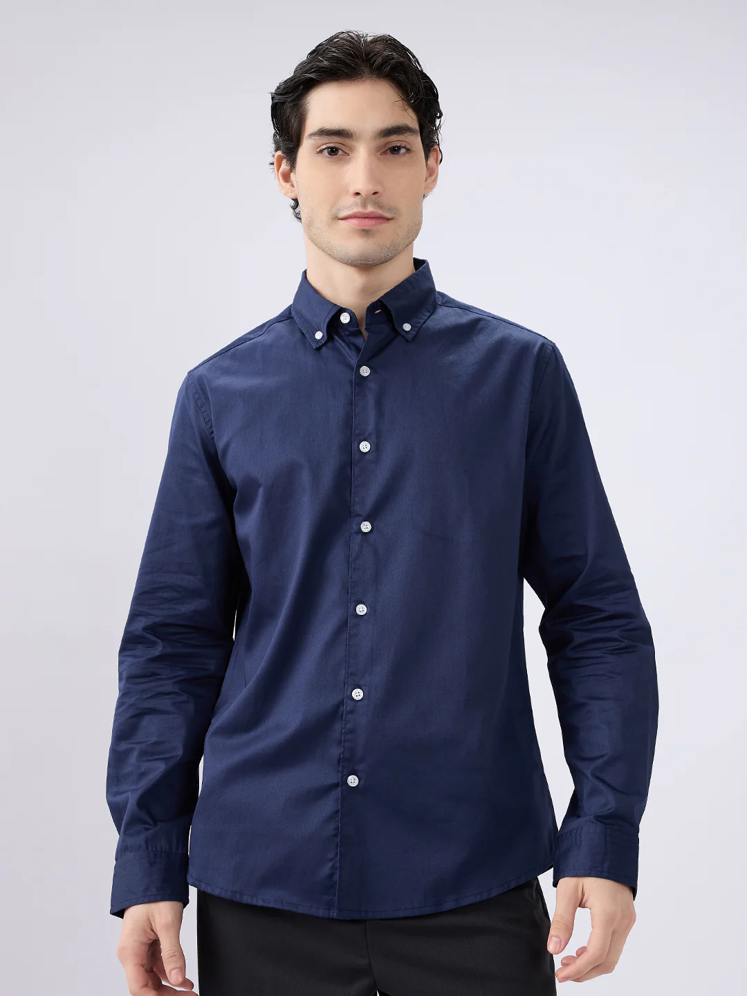 Navy Satin Luxe Button-Down Collar Shirt - Image 4