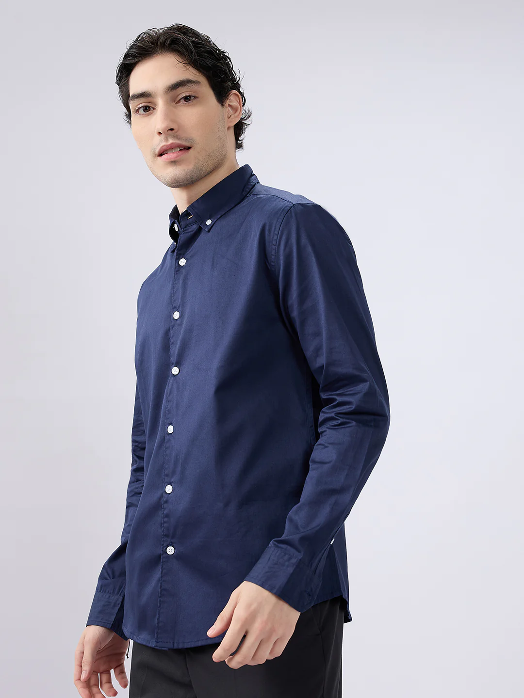 Navy Satin Luxe Button-Down Collar Shirt - Image 5