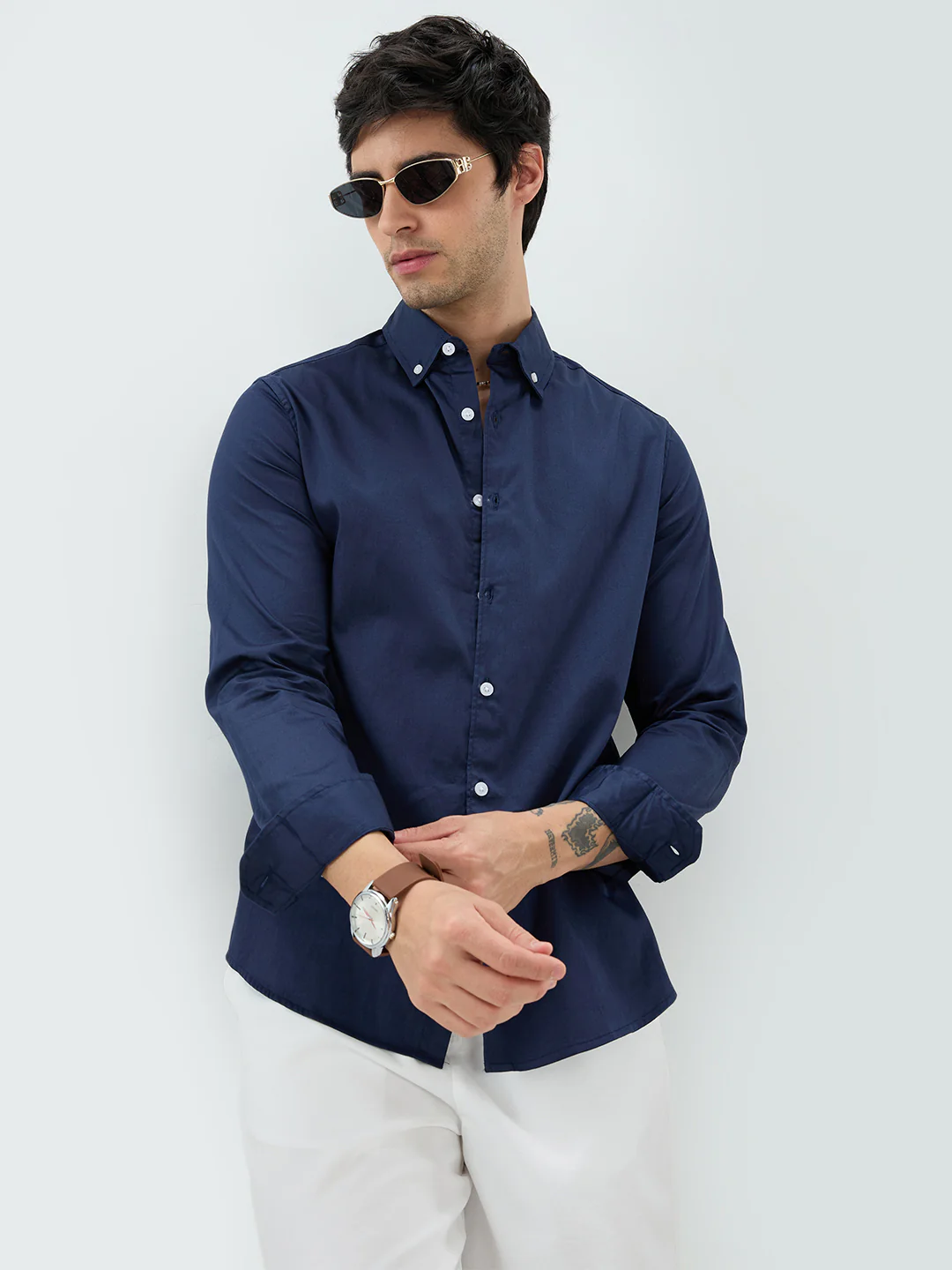 Navy Satin Luxe Button-Down Collar Shirt - Image 2