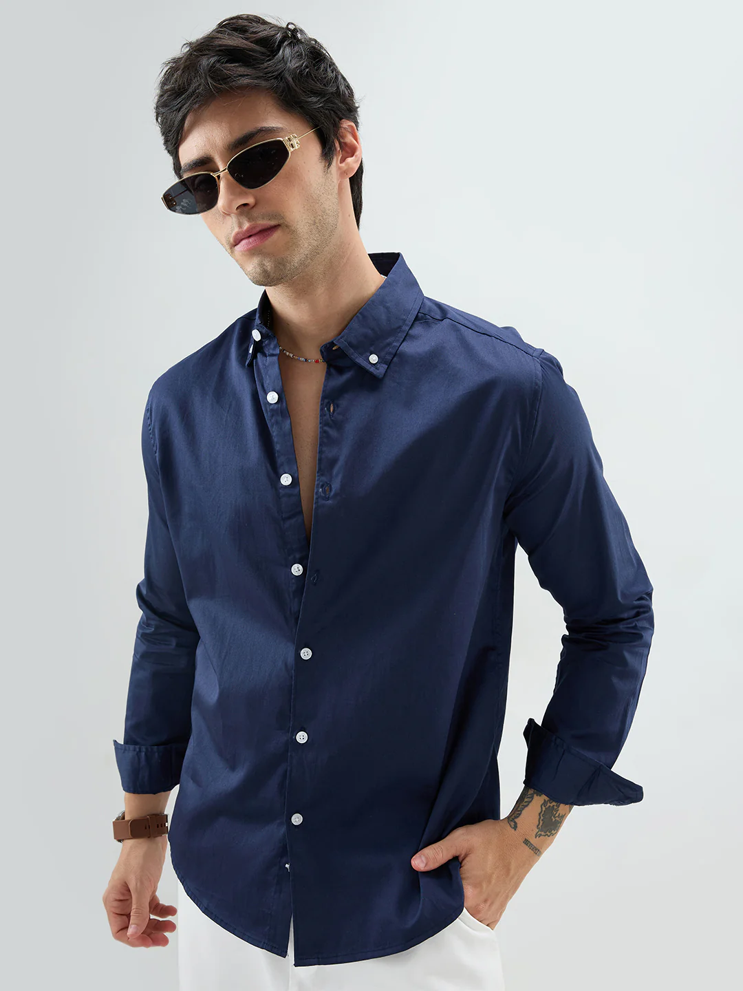 Navy Satin Luxe Button-Down Collar Shirt - Image 4