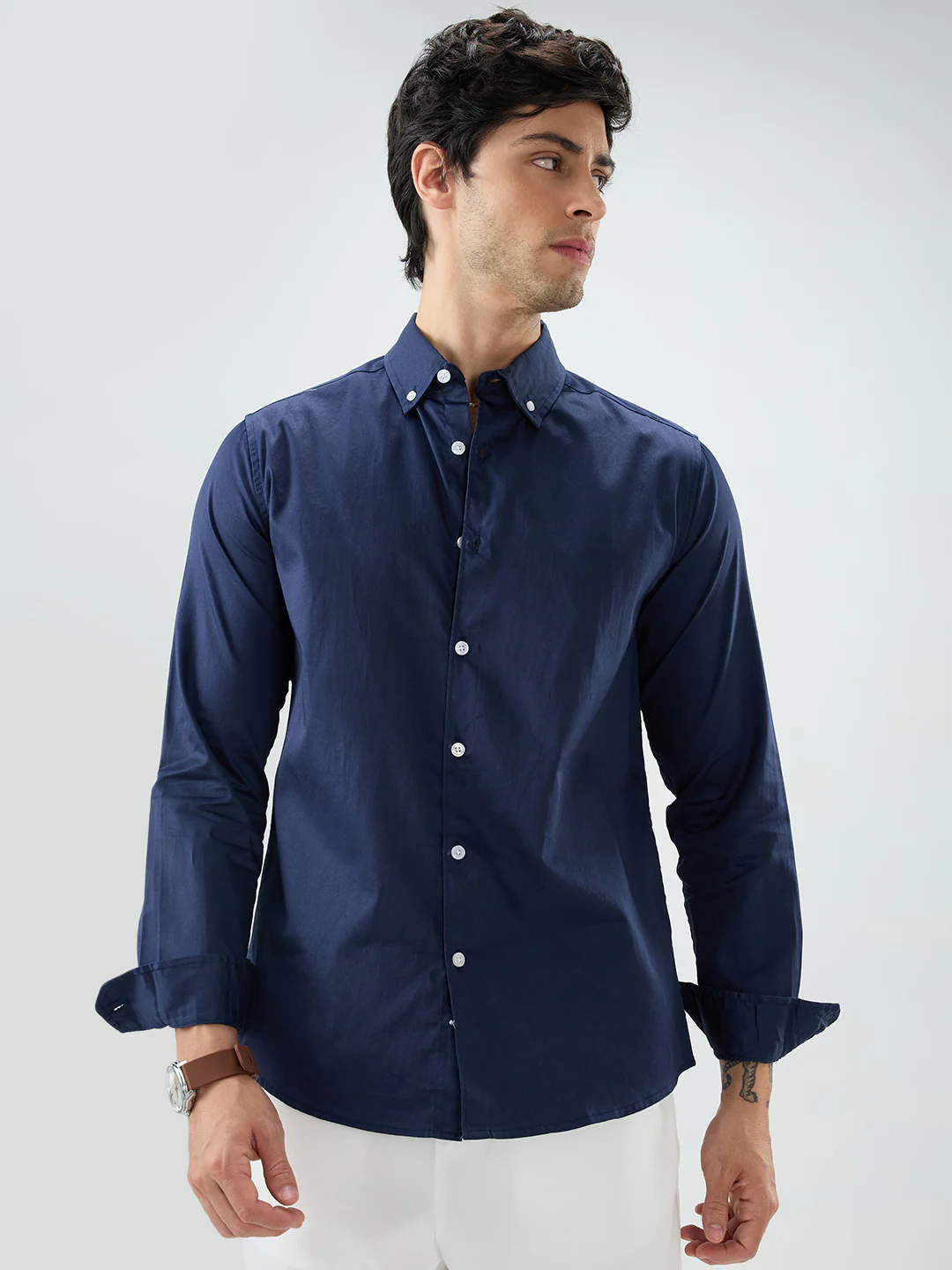 Navy Satin Luxe Button-Down Collar Shirt - Image 6