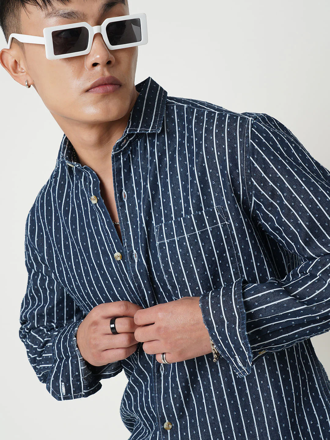 Navy Striped Ditsy Denim Shirt - Image 3