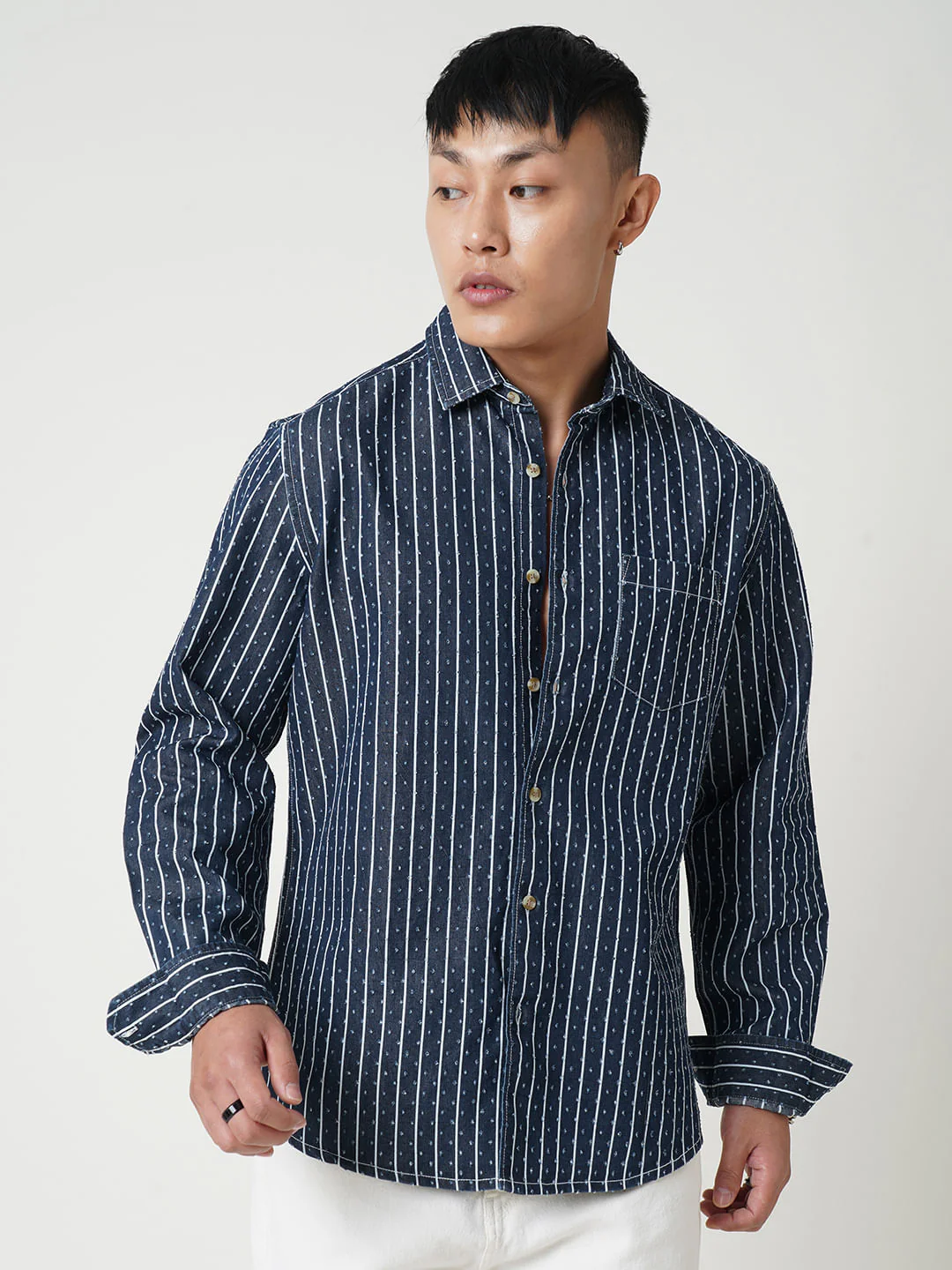 Navy Striped Ditsy Denim Shirt - Image 5