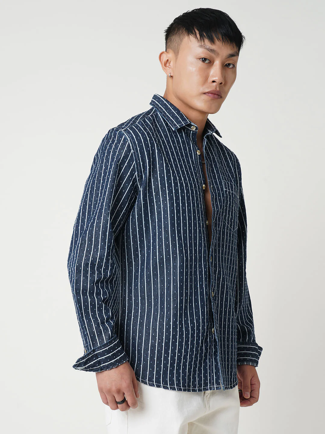 Navy Striped Ditsy Denim Shirt - Image 6