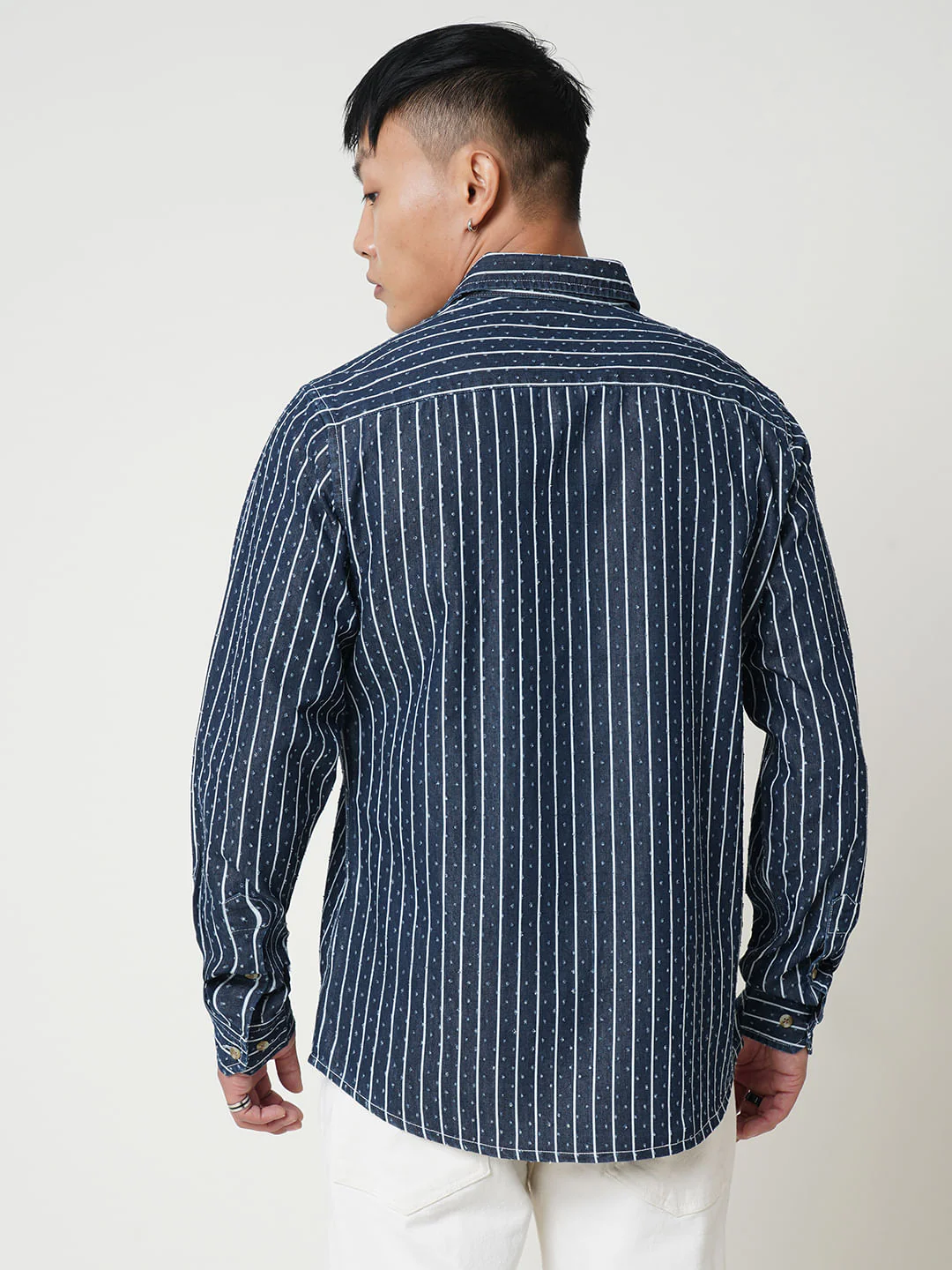 Navy Striped Ditsy Denim Shirt - Image 7