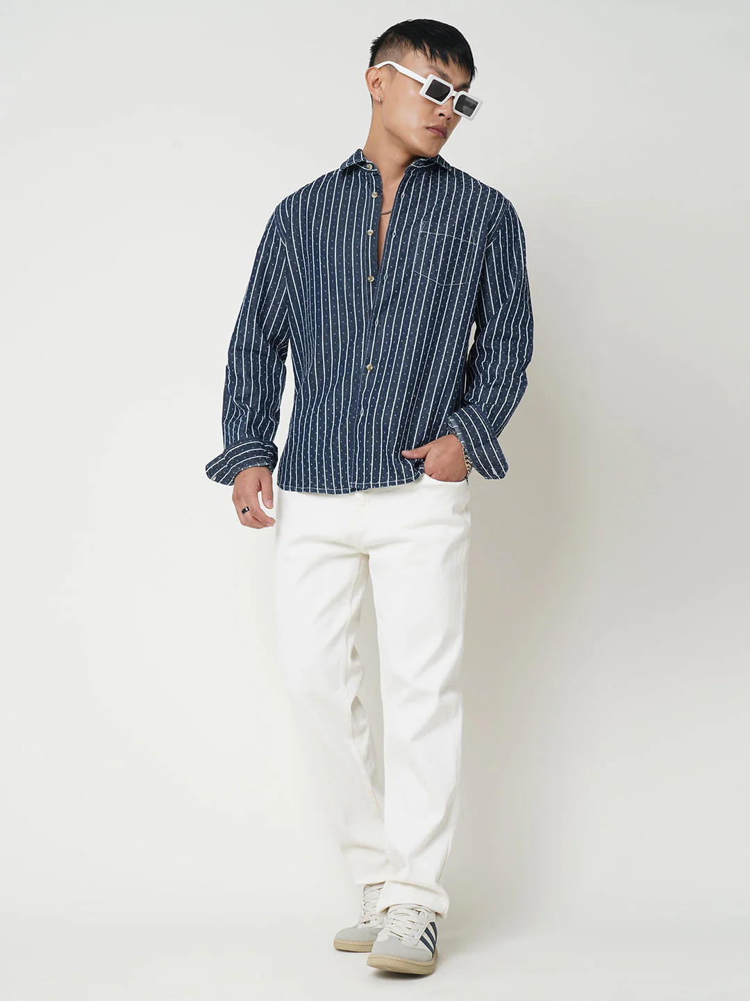 Navy Striped Ditsy Denim Shirt - Image 8