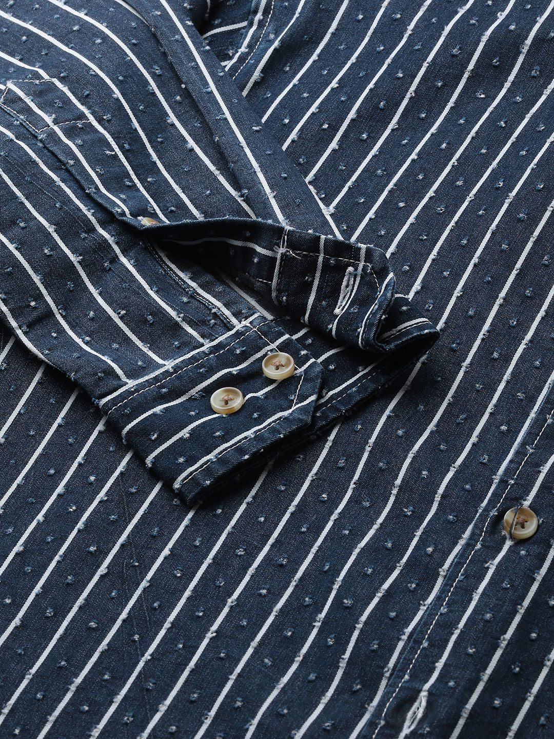 Navy Striped Ditsy Denim Shirt - Image 9
