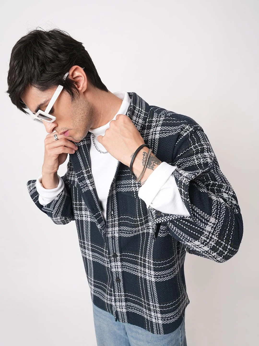 Navy Tweed Checks Double Flap Pocket Flannel Shirt - Image 2