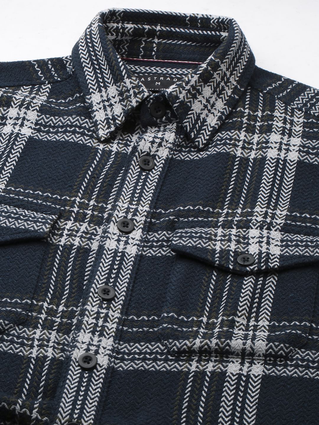 Navy Tweed Checks Double Flap Pocket Flannel Shirt - Image 3