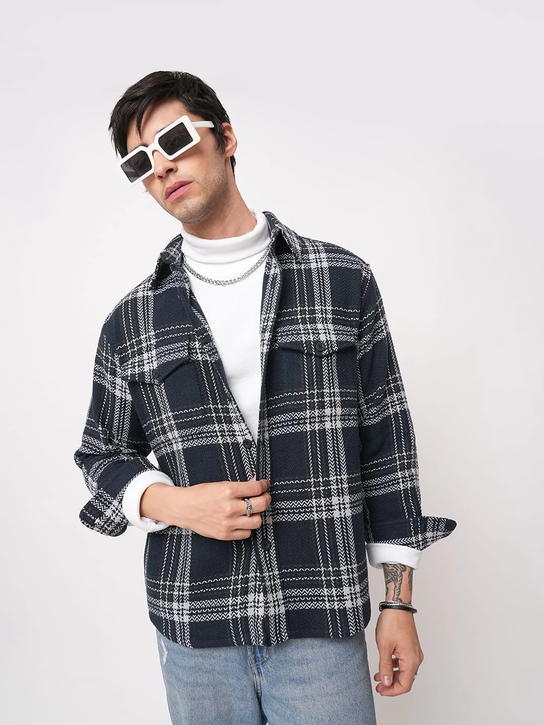 Navy Tweed Checks Double Flap Pocket Flannel Shirt - Image 4