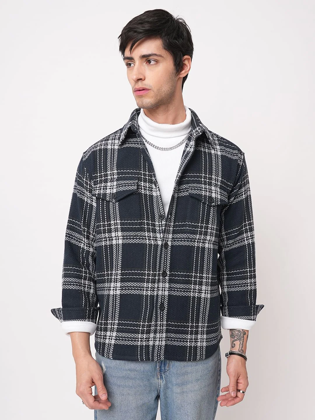 Navy Tweed Checks Double Flap Pocket Flannel Shirt - Image 5