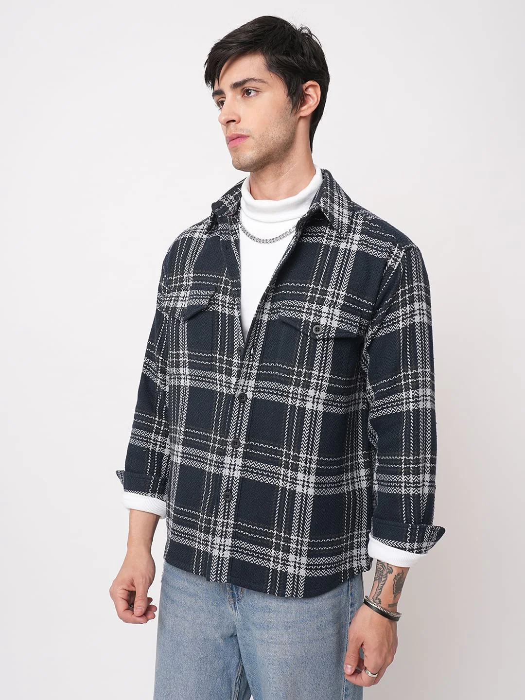 Navy Tweed Checks Double Flap Pocket Flannel Shirt - Image 6