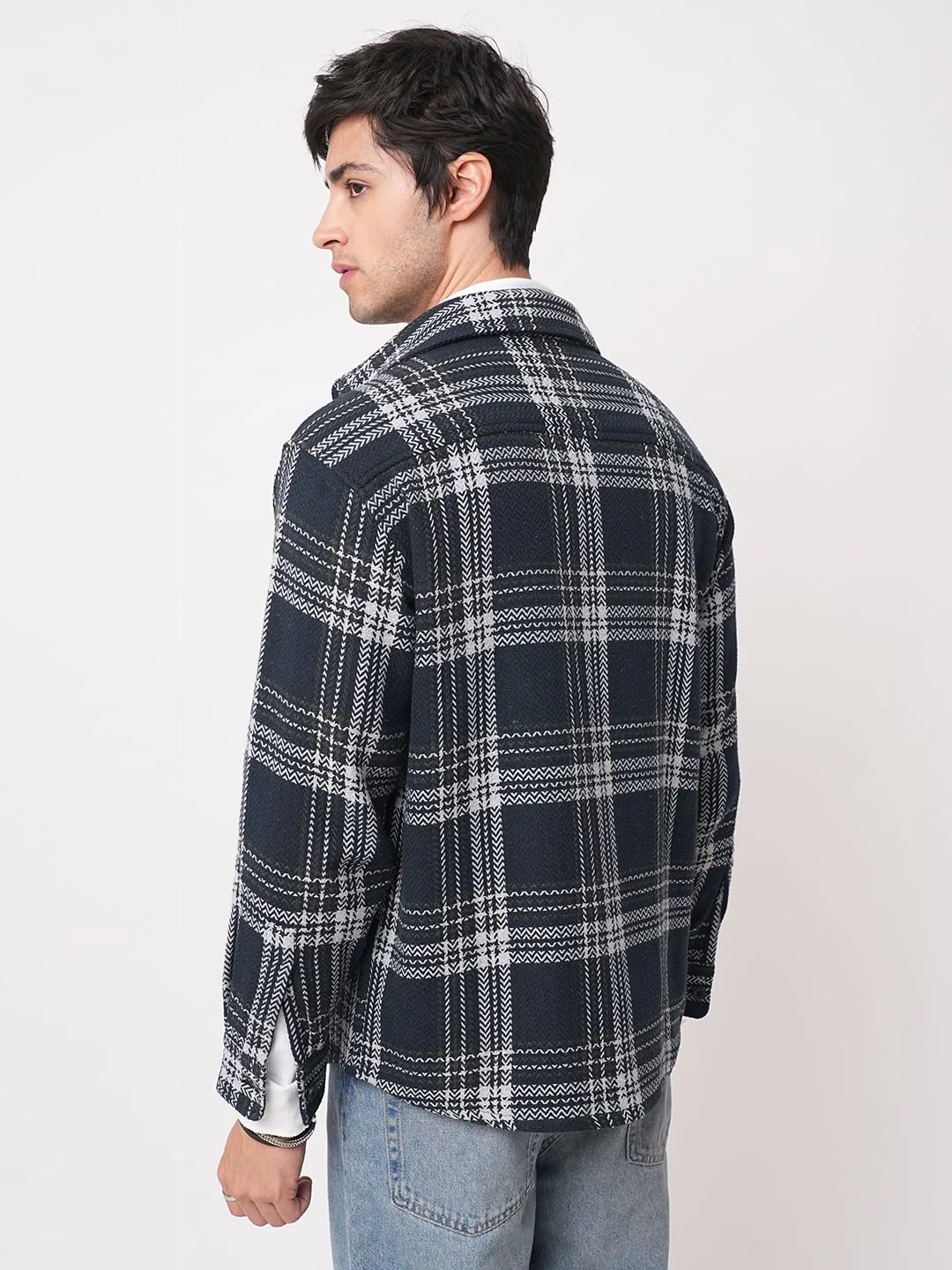 Navy Tweed Checks Double Flap Pocket Flannel Shirt - Image 7