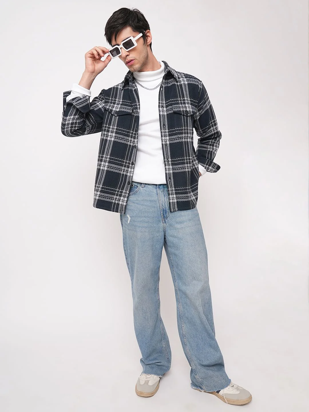 Navy Tweed Checks Double Flap Pocket Flannel Shirt - Image 8