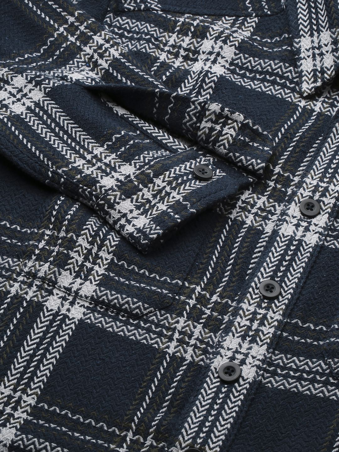 Navy Tweed Checks Double Flap Pocket Flannel Shirt - Image 9