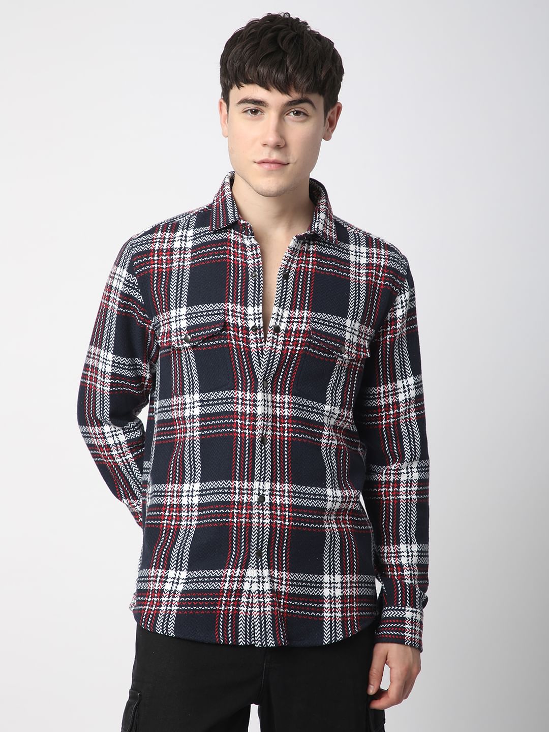 Navy Tweed Checks Double Flap Pocket Overshirt - Image 4