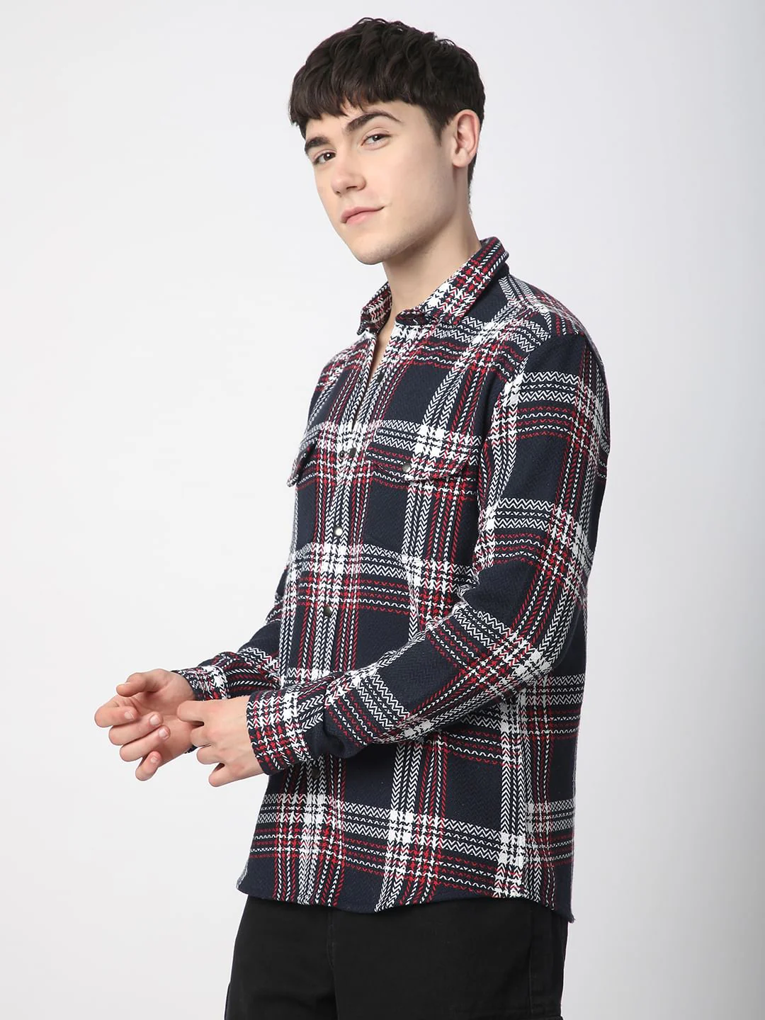 Navy Tweed Checks Double Flap Pocket Overshirt - Image 5