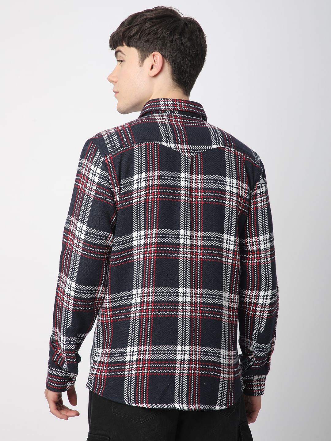 Navy Tweed Checks Double Flap Pocket Overshirt - Image 6