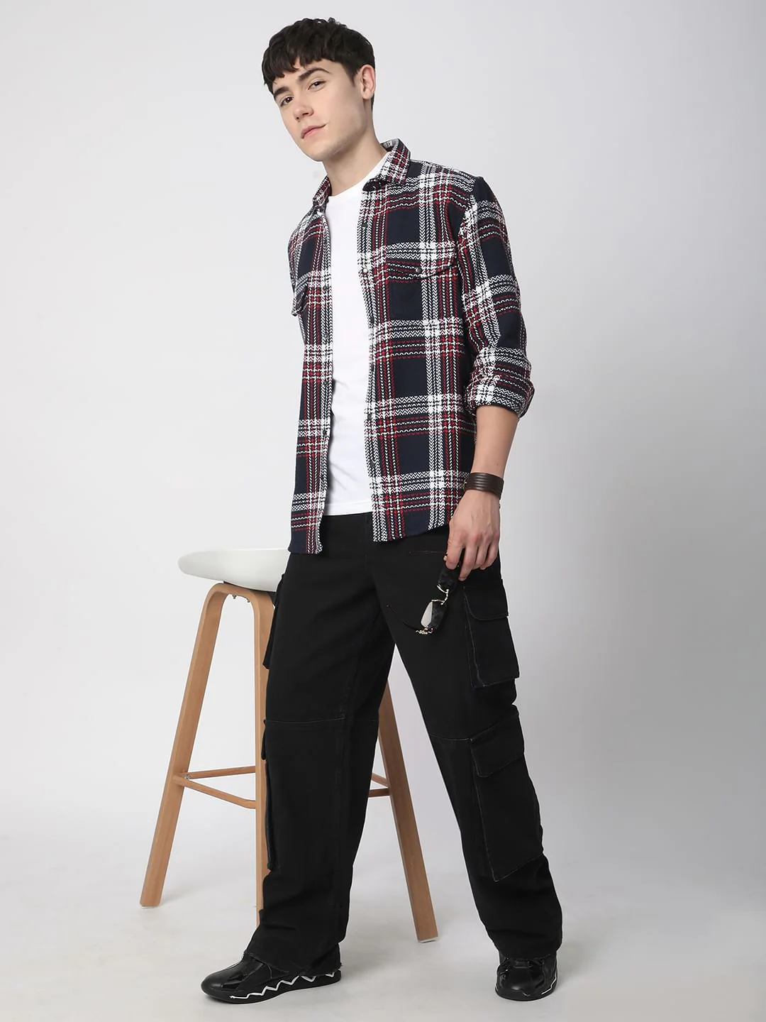 Navy Tweed Checks Double Flap Pocket Overshirt - Image 7