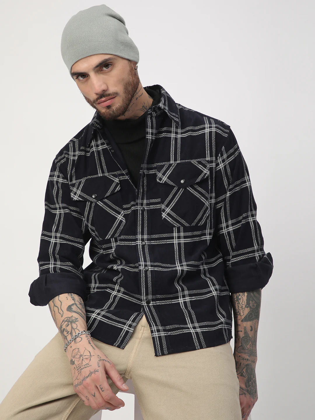 Navy & White Checked Corduroy Double Pocket Overshirt - Image 2