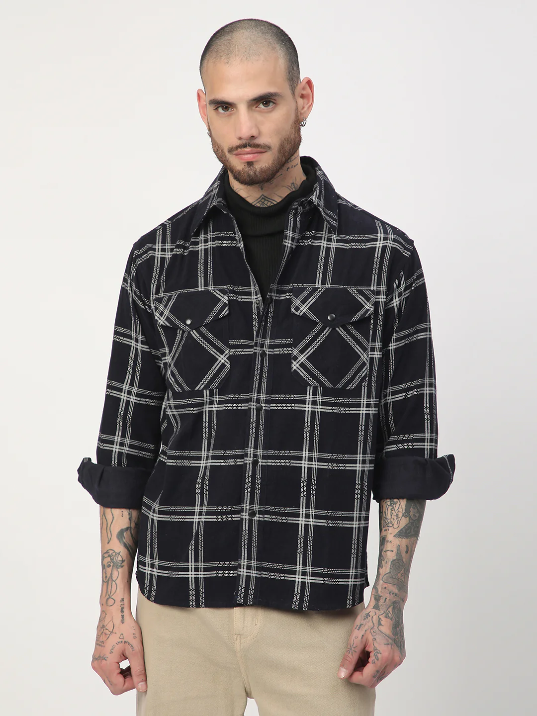 Navy & White Checked Corduroy Double Pocket Overshirt - Image 4