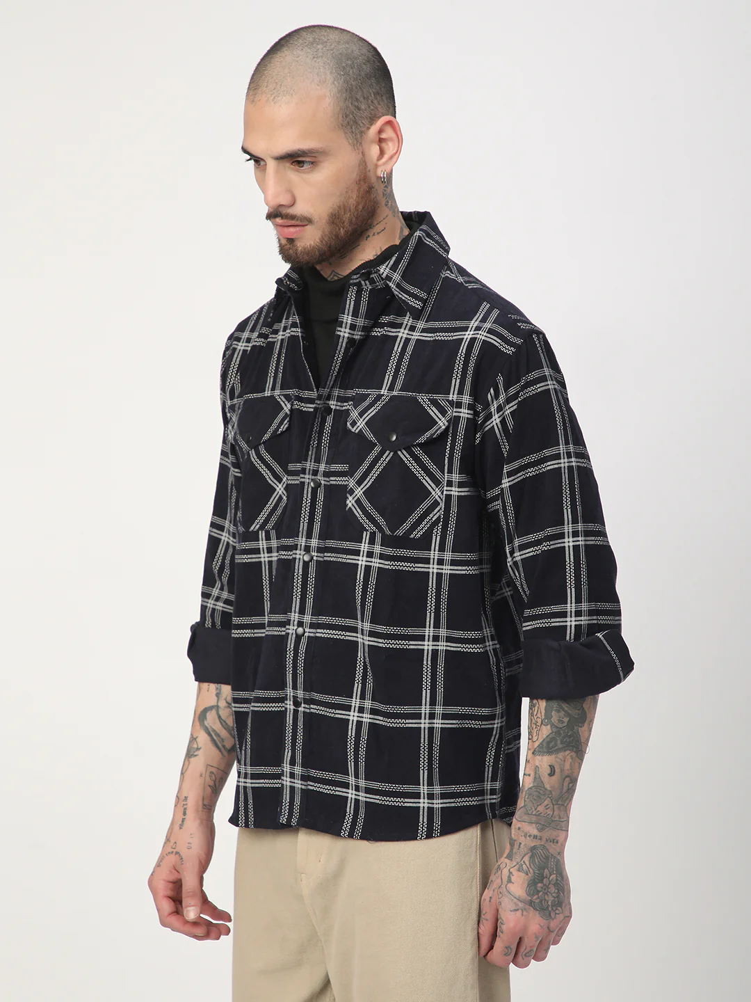 Navy & White Checked Corduroy Double Pocket Overshirt - Image 5