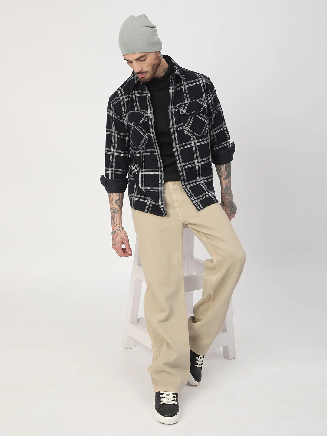 Navy & White Checked Corduroy Double Pocket Overshirt - Image 7