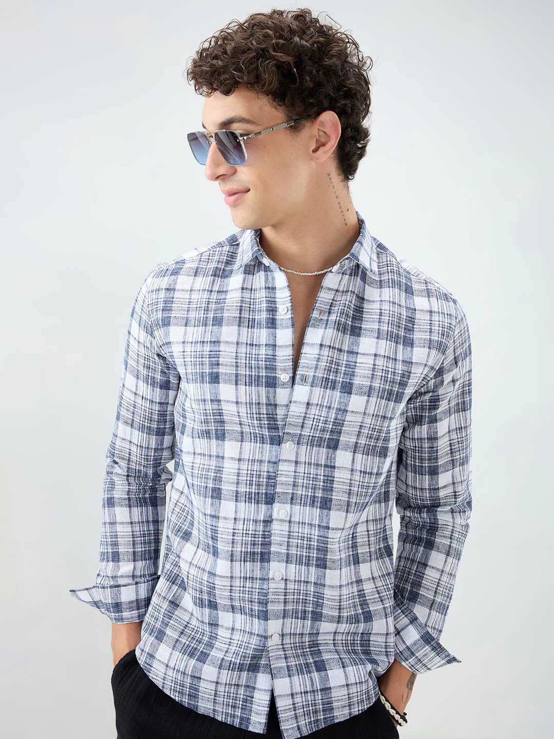 Navy & White Plaid Checks Textured Shirt - Image 4