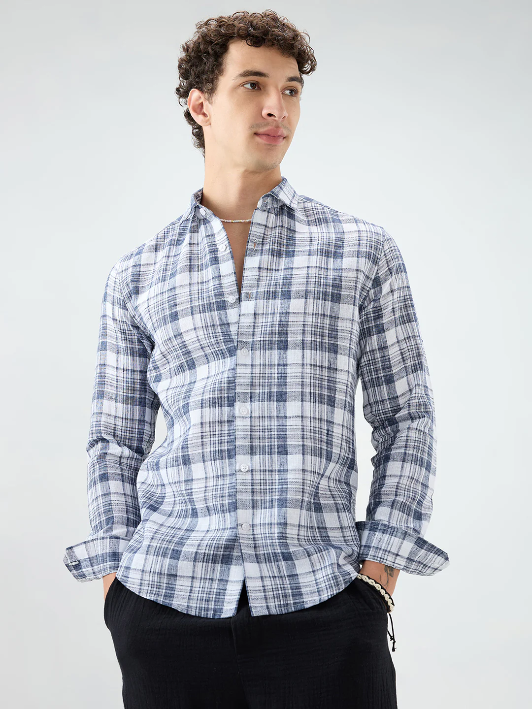 Navy & White Plaid Checks Textured Shirt - Image 5