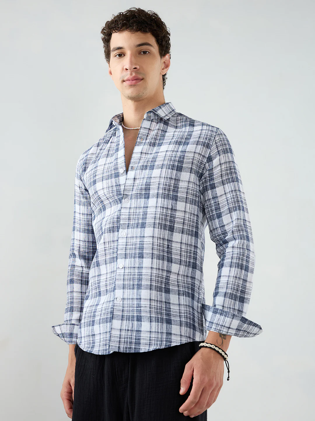 Navy & White Plaid Checks Textured Shirt - Image 6