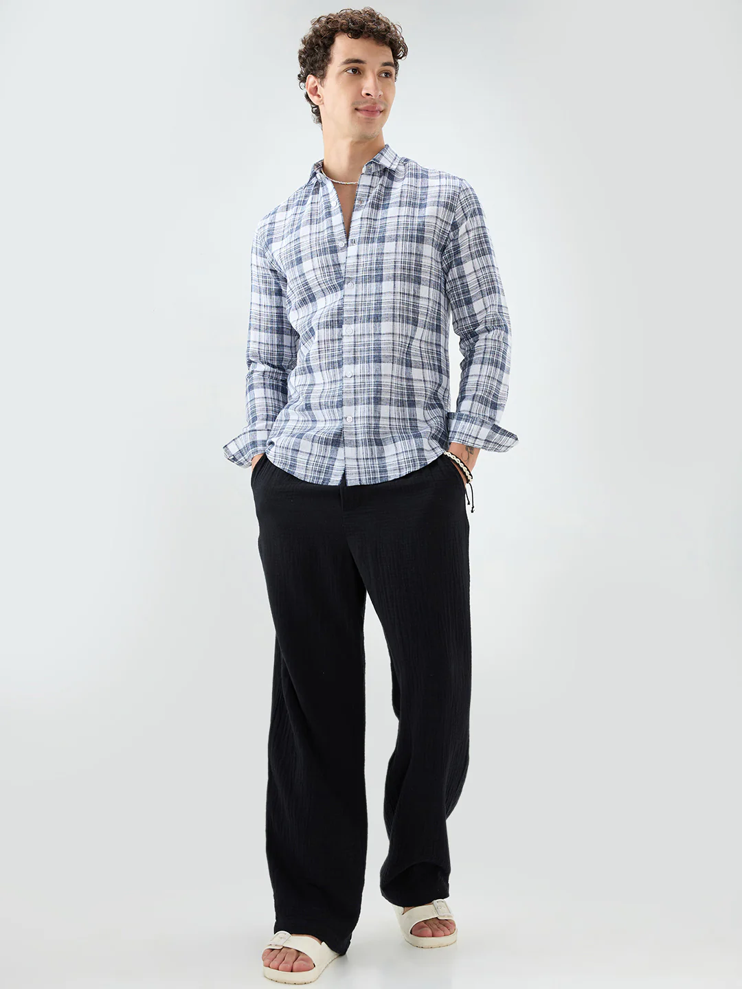 Navy & White Plaid Checks Textured Shirt - Image 8
