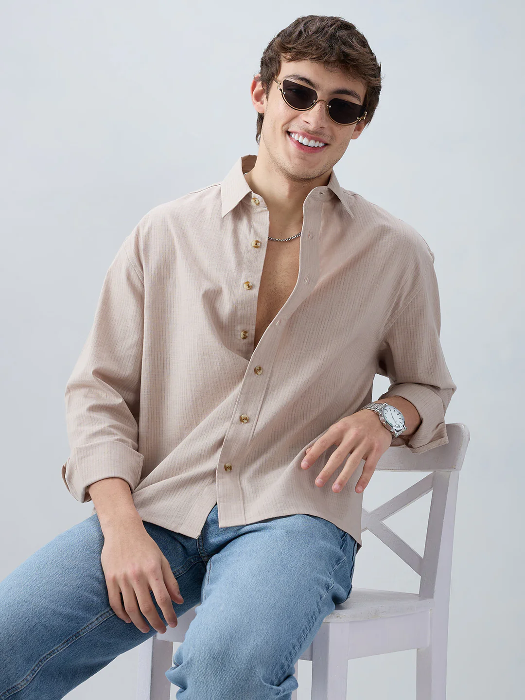 Neutral Beige Airy Slub Textured Boxy Fit Crop Shirt - Image 2