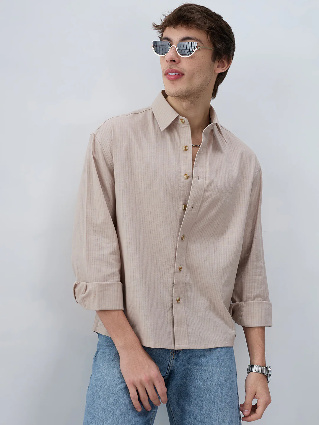 Neutral Beige Airy Slub Textured Boxy Fit Crop Shirt - Image 4