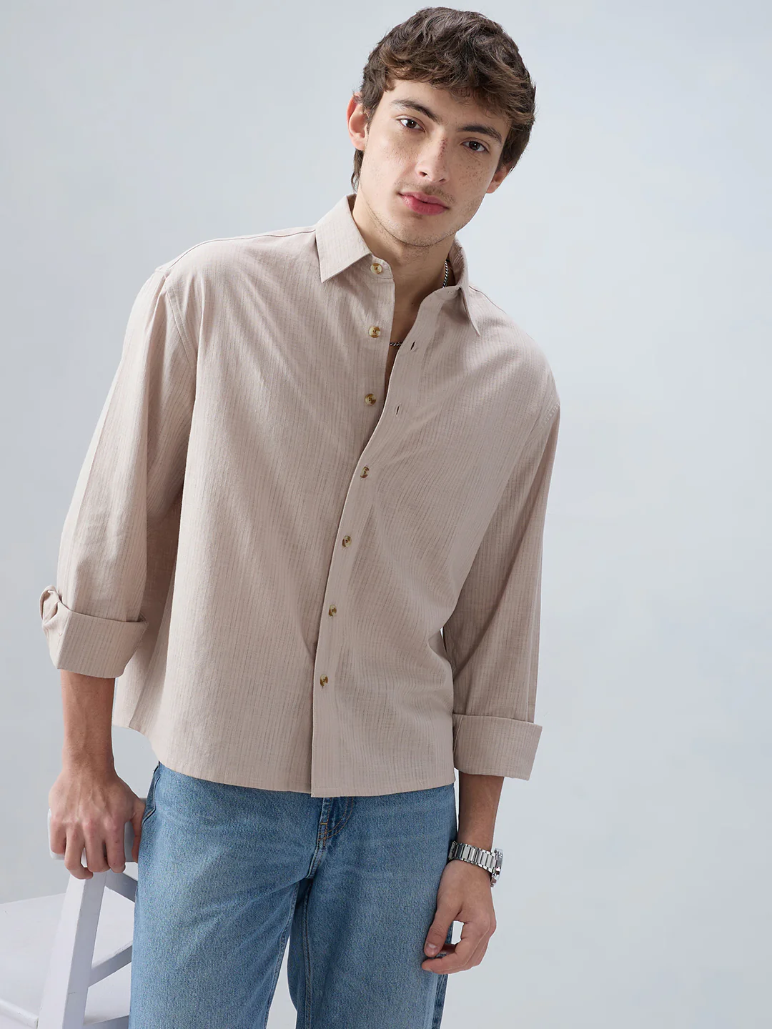 Neutral Beige Airy Slub Textured Boxy Fit Crop Shirt - Image 5