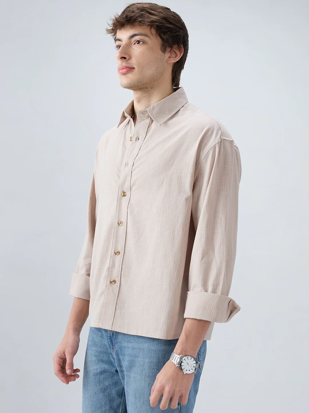 Neutral Beige Airy Slub Textured Boxy Fit Crop Shirt - Image 6
