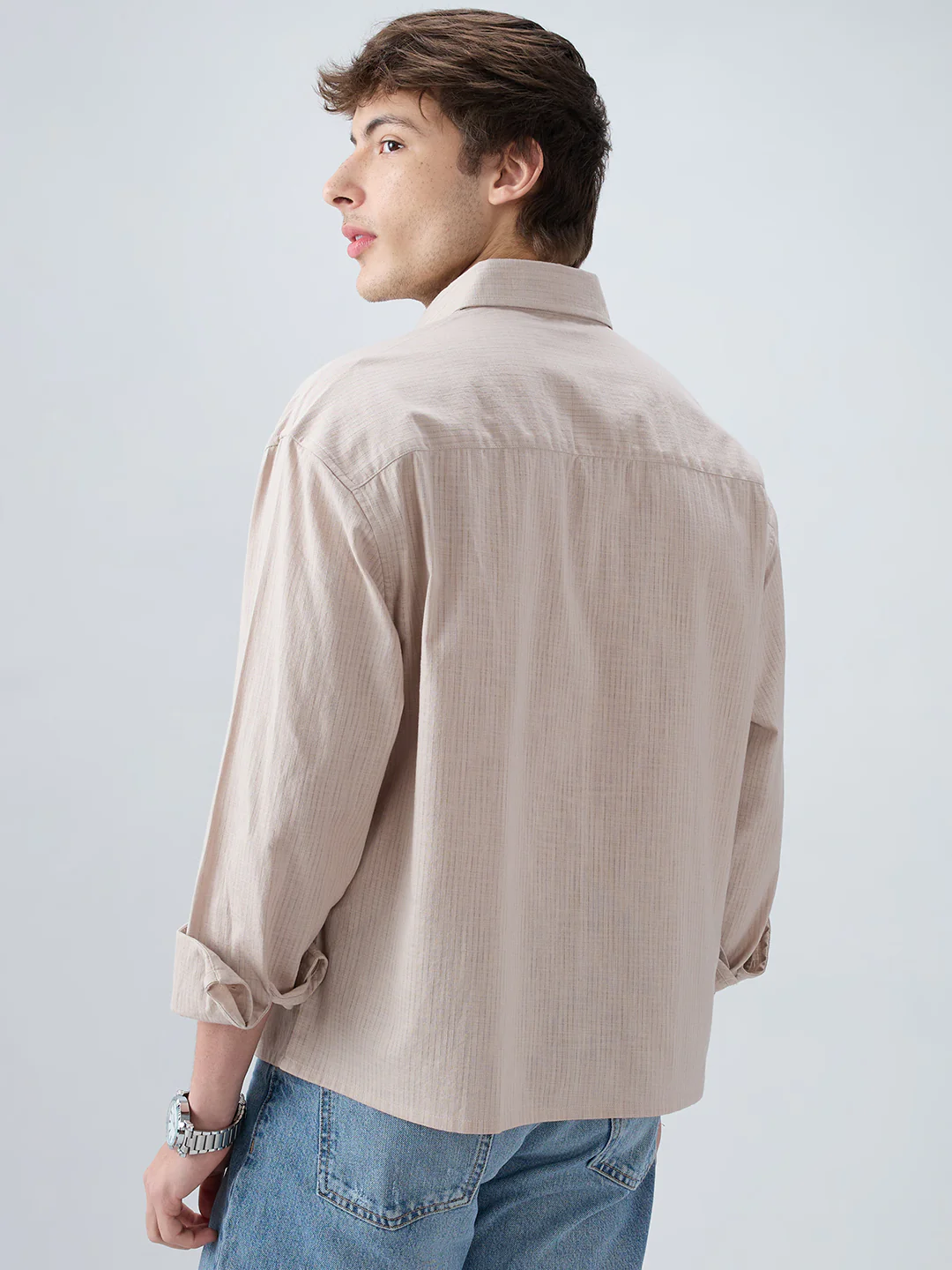 Neutral Beige Airy Slub Textured Boxy Fit Crop Shirt - Image 7