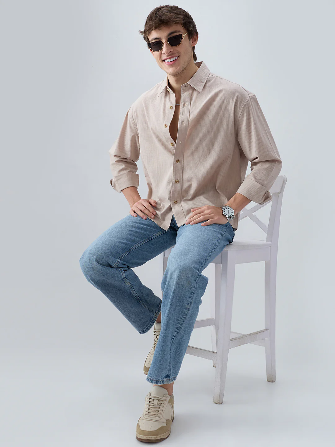 Neutral Beige Airy Slub Textured Boxy Fit Crop Shirt - Image 8