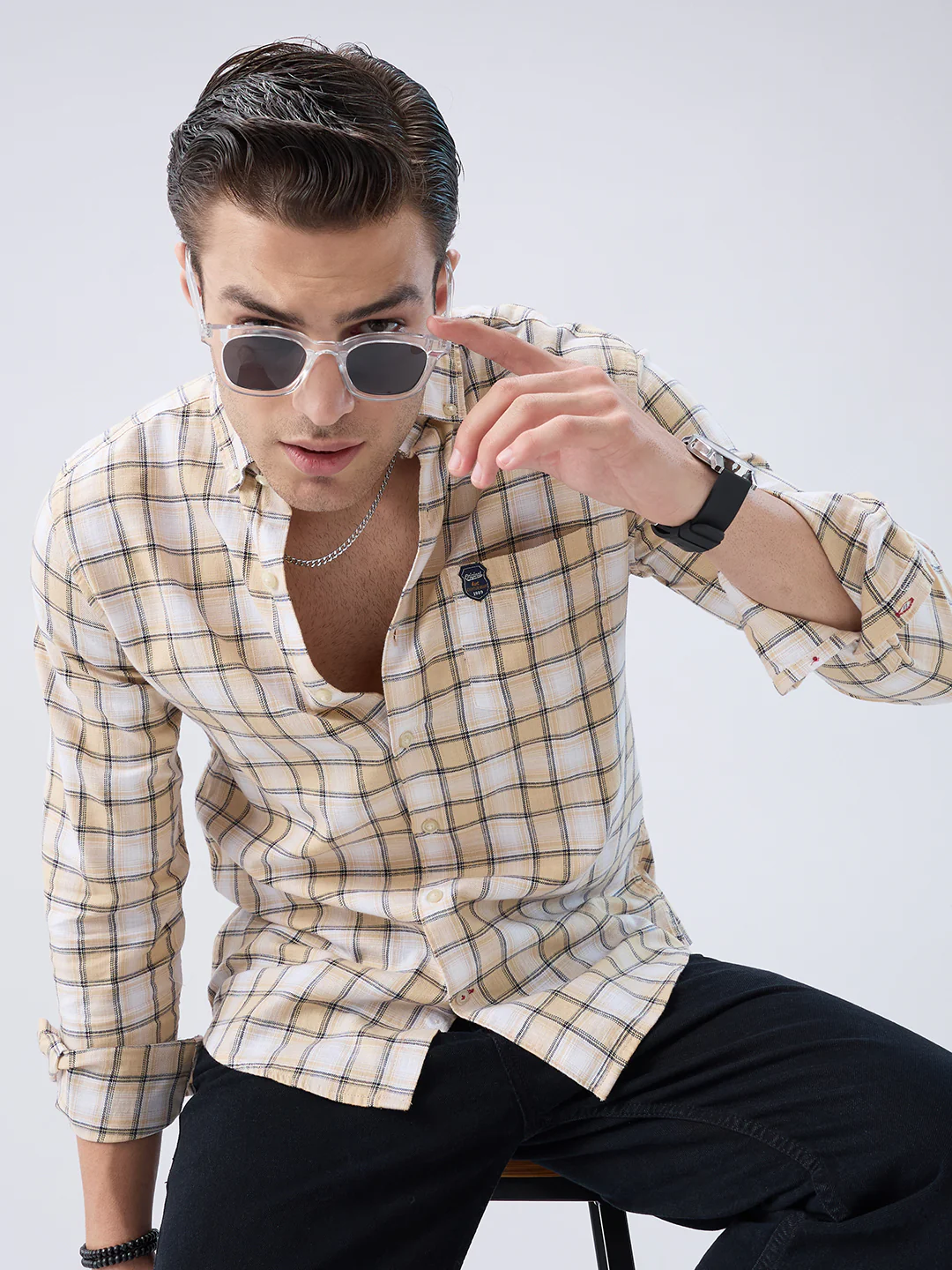 Neutral Beige & Black Windowpane Checks Shirt - Image 2